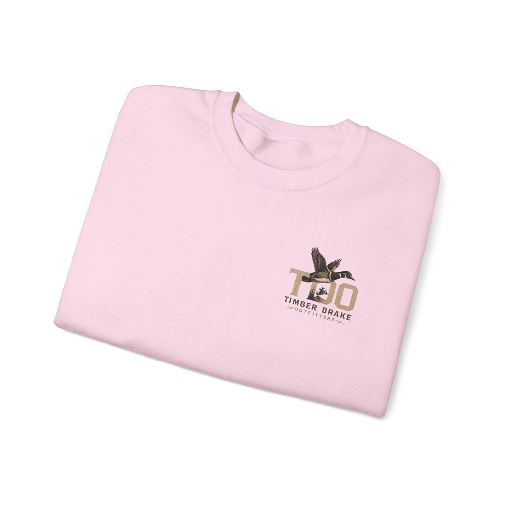 TDO Timber Drake Outfitters Crewneck Sweatshirt - Hunting Dog Sunset Graphic