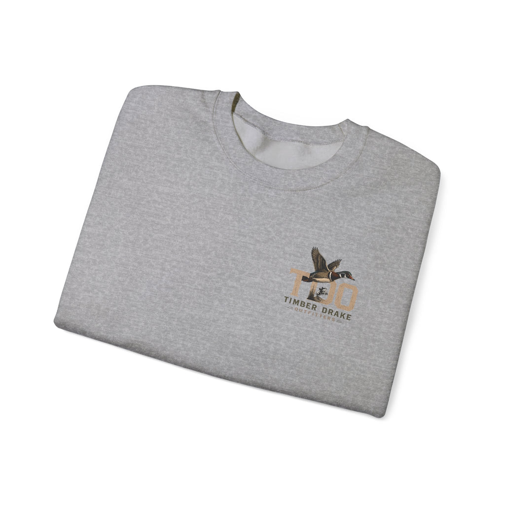 TDO Timber Drake Outfitters Crewneck Sweatshirt - Hunting Dog Sunset Graphic