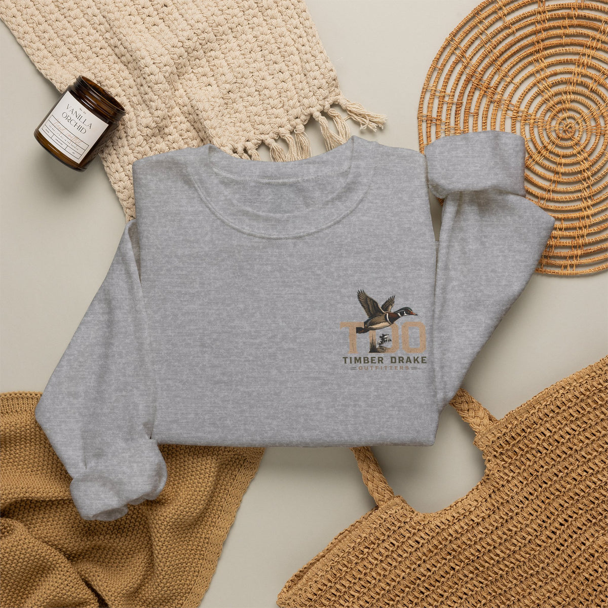 TDO Timber Drake Outfitters Crewneck Sweatshirt - Hunting Dog Sunset Graphic