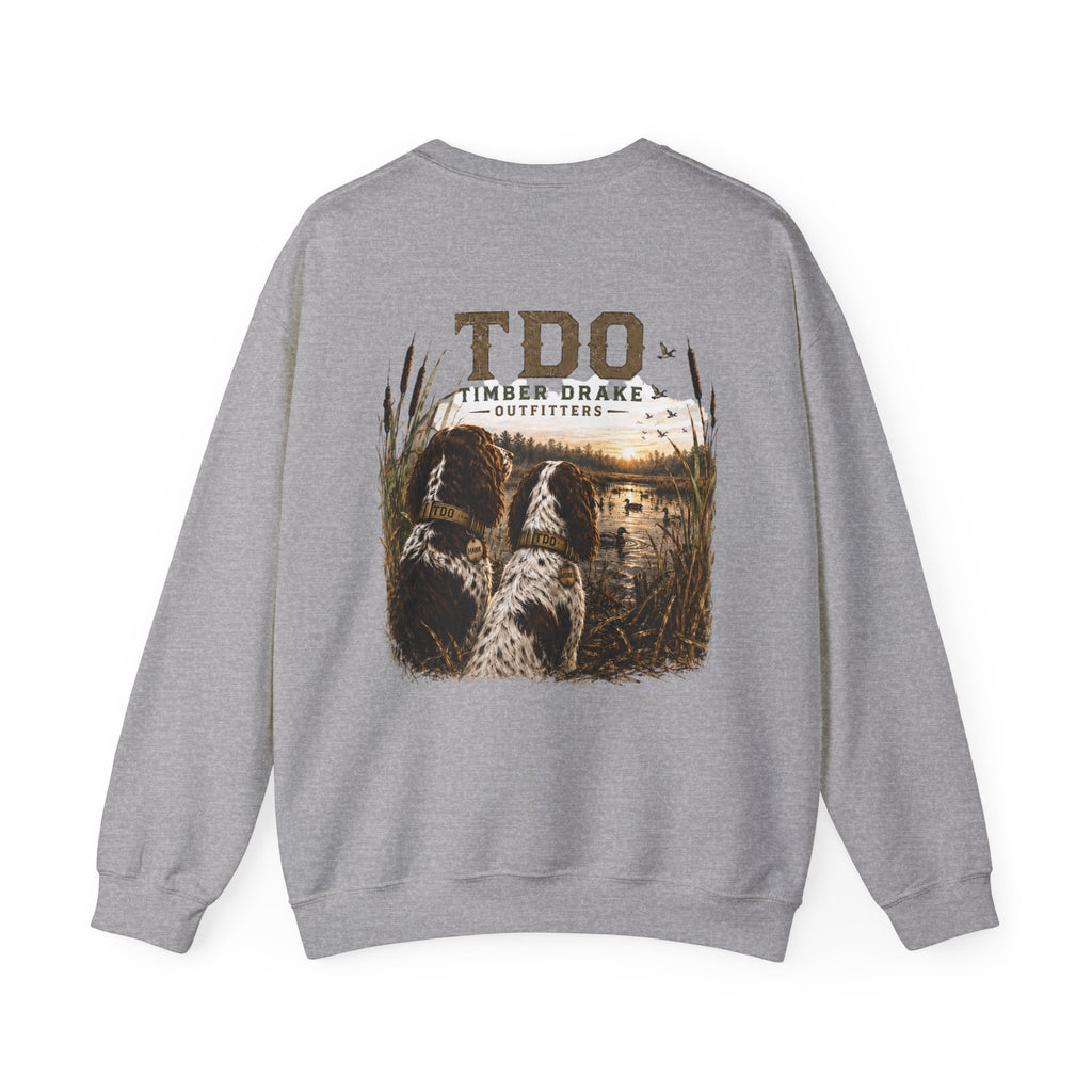 TDO Timber Drake Outfitters Crewneck Sweatshirt - Hunting Dog Sunset Graphic