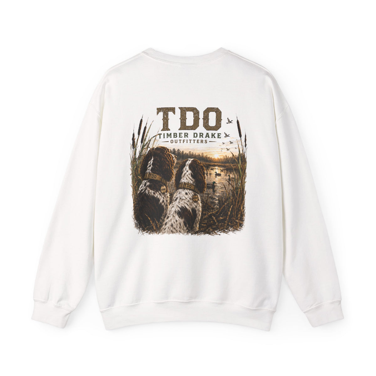 TDO Timber Drake Outfitters Crewneck Sweatshirt - Hunting Dog Sunset Graphic