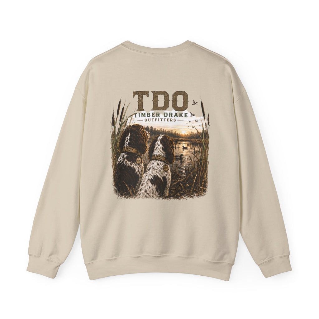 TDO Timber Drake Outfitters Crewneck Sweatshirt - Hunting Dog Sunset Graphic