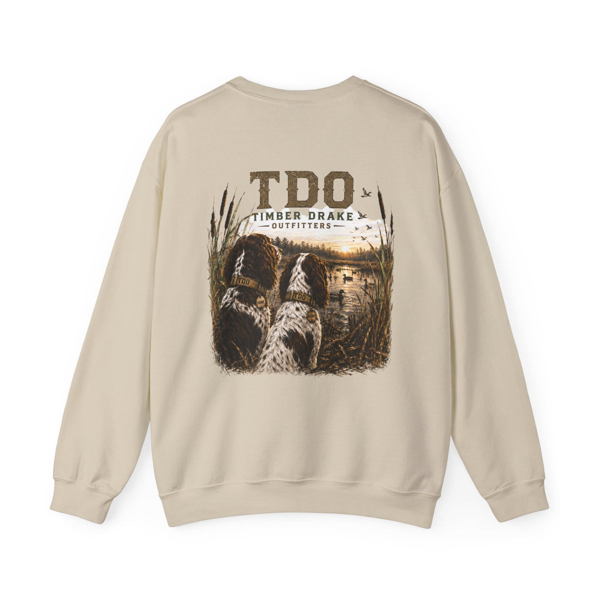 TDO Timber Drake Outfitters Crewneck Sweatshirt - Hunting Dog Sunset Graphic