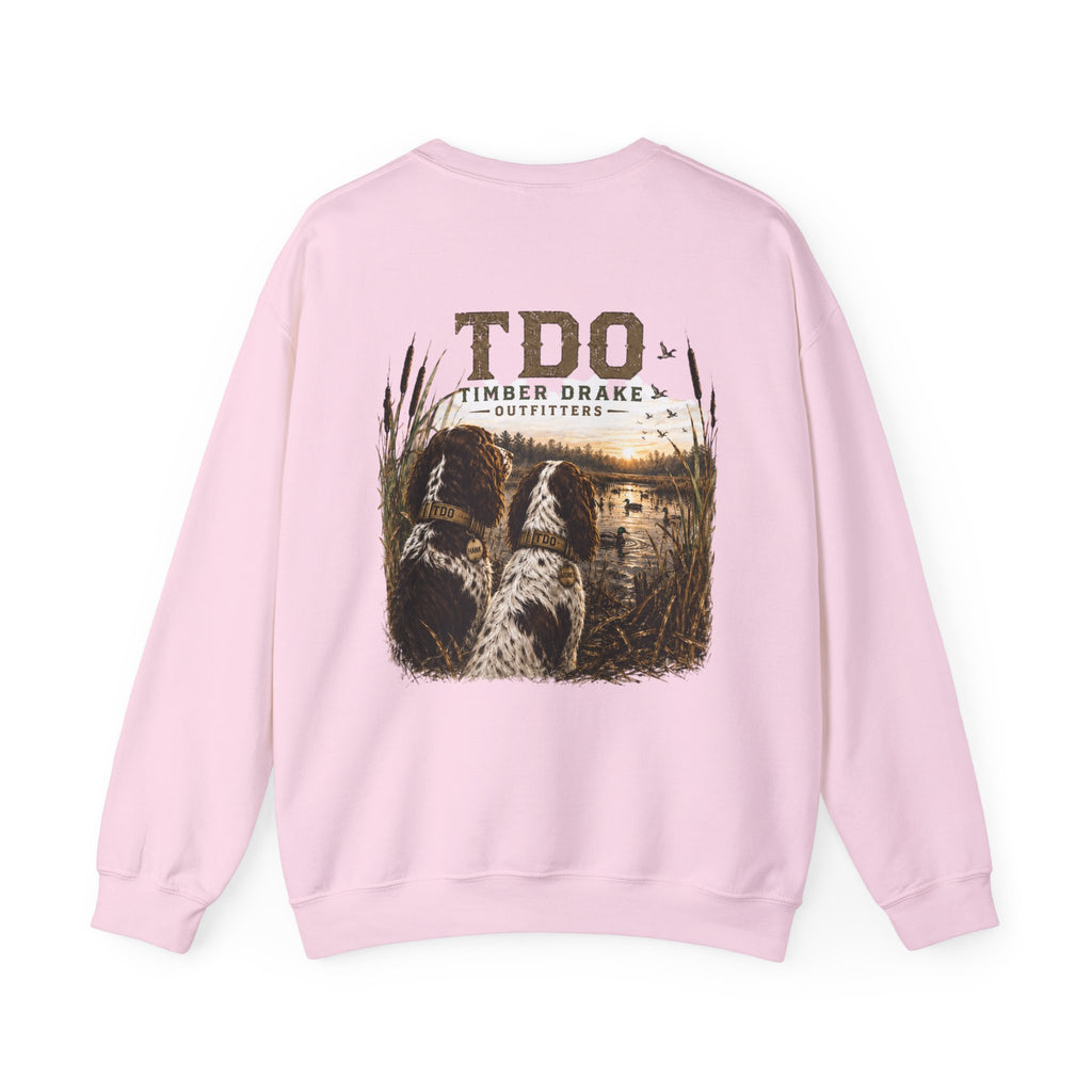 TDO Timber Drake Outfitters Crewneck Sweatshirt - Hunting Dog Sunset Graphic
