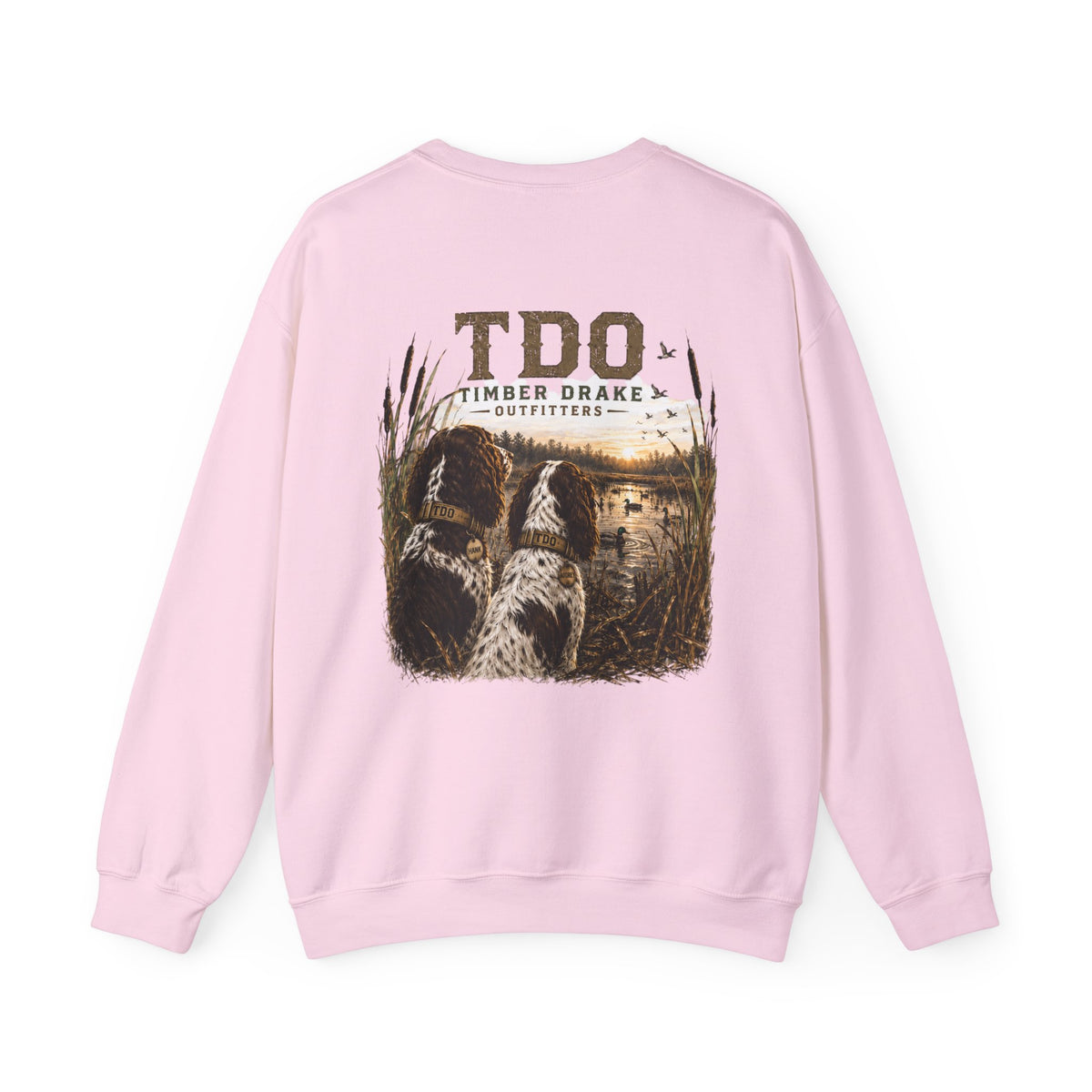 TDO Timber Drake Outfitters Crewneck Sweatshirt - Hunting Dog Sunset Graphic