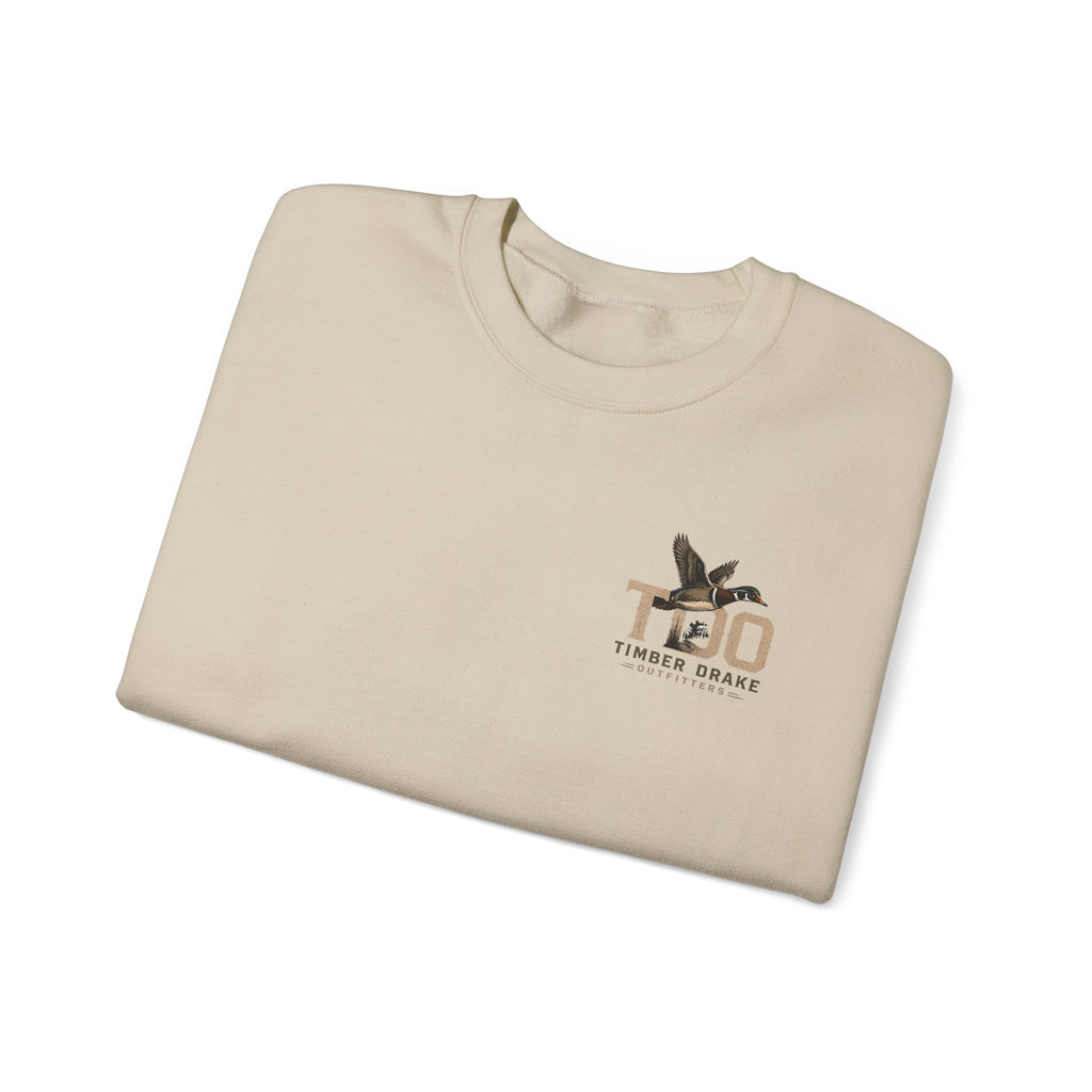 TDO Timber Drake Outfitters Crewneck Sweatshirt - Hunting Dog Sunset Graphic