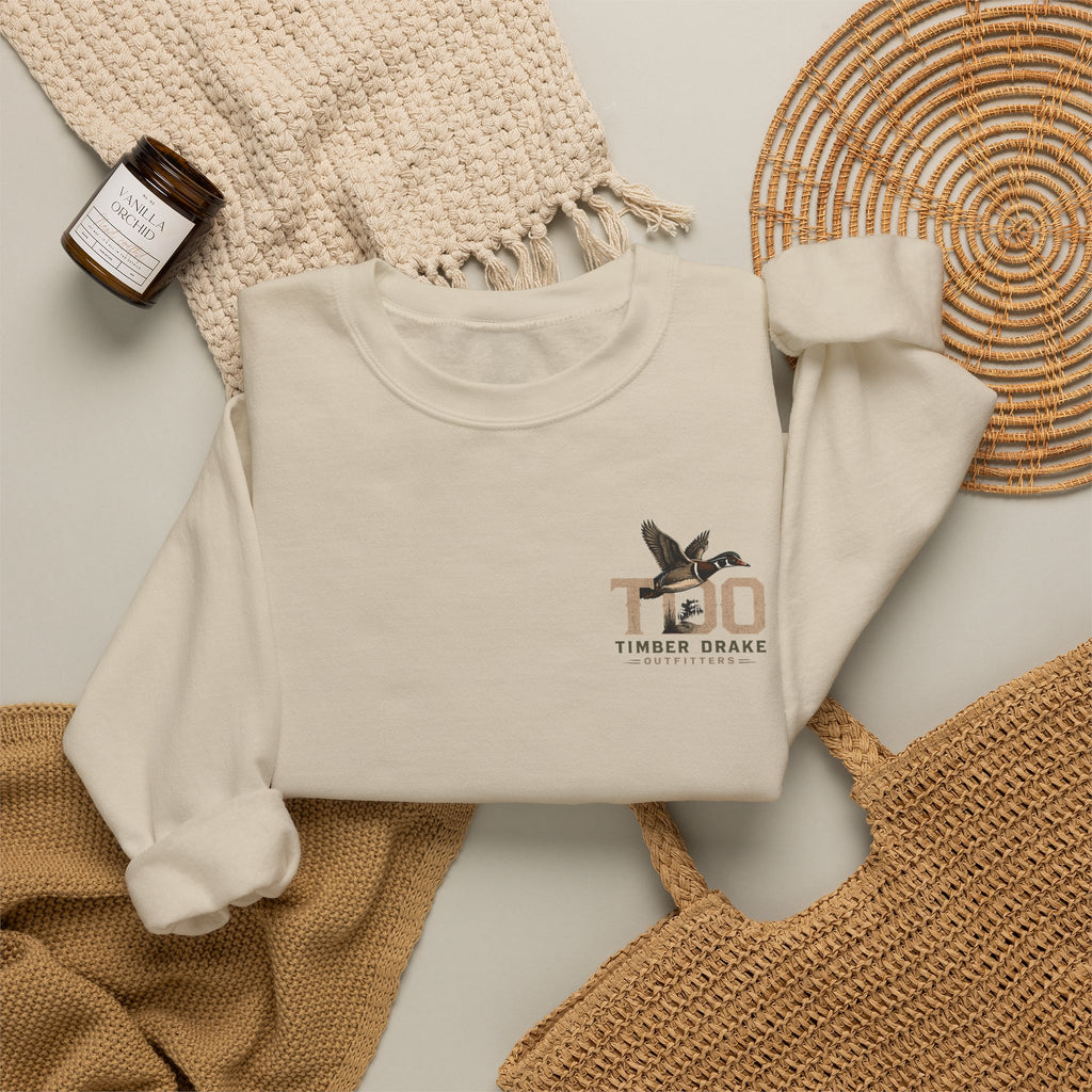 TDO Timber Drake Outfitters Crewneck Sweatshirt - Hunting Dog Sunset Graphic