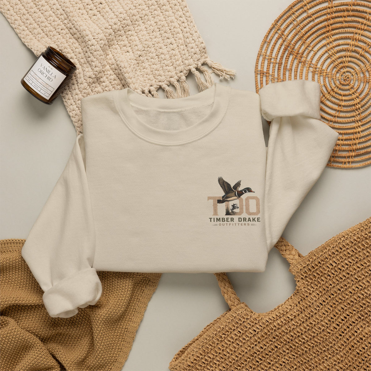TDO Timber Drake Outfitters Crewneck Sweatshirt - Hunting Dog Sunset Graphic